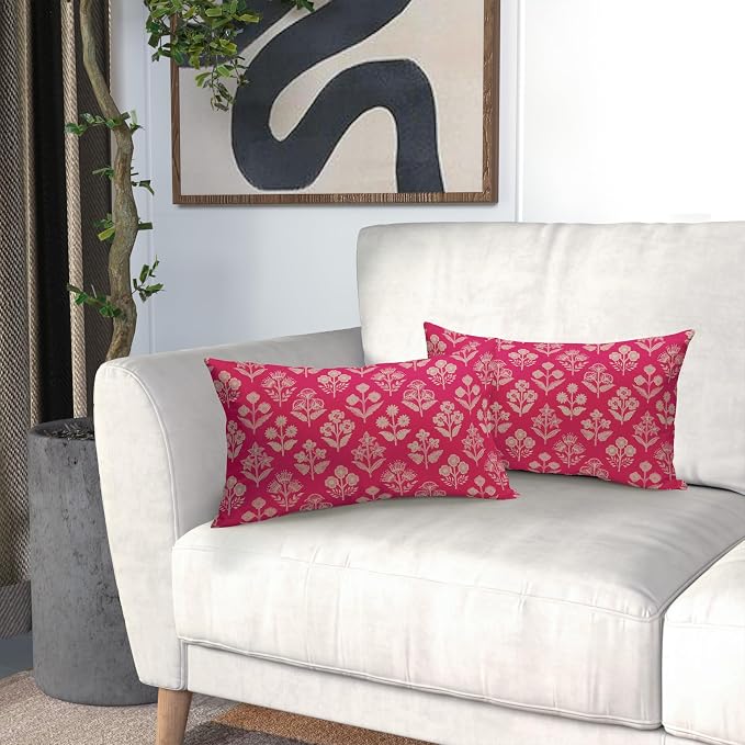 Hot Pink Pillow Covers 12x20 Inch Set of 2, Cream Floral Block Print Pattern Lumbar Decorative Throw Pillowcases Outdoor Farmhouse Rectangle Cushion Covers Spring Summer Sofa Couch Bed Decor