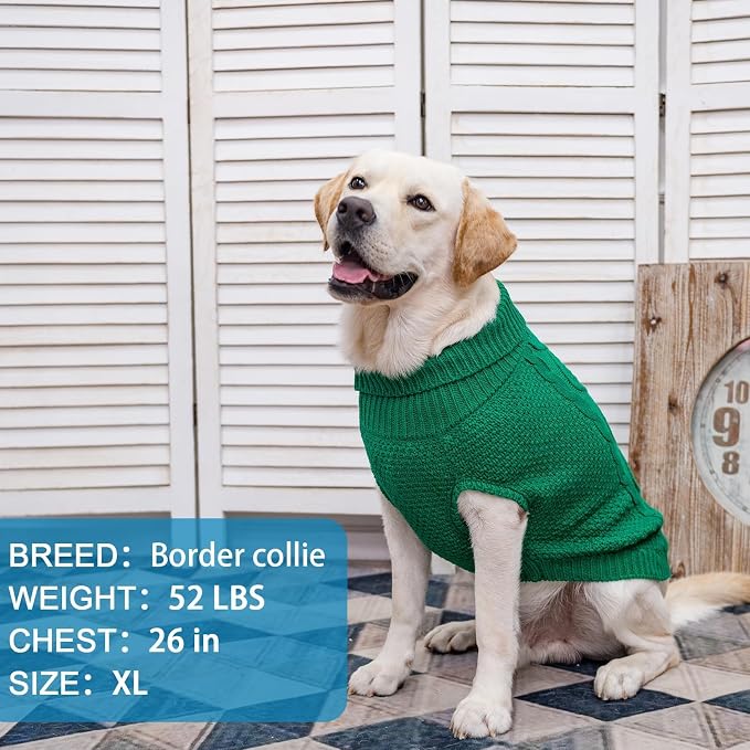 Mihachi Turtleneck Dog Sweater - Winter Coat Apparel Classic Cable Knit Clothes with Leash Hole for Cold Weather, Ideal Gift for Pet in New Year Green Medium
