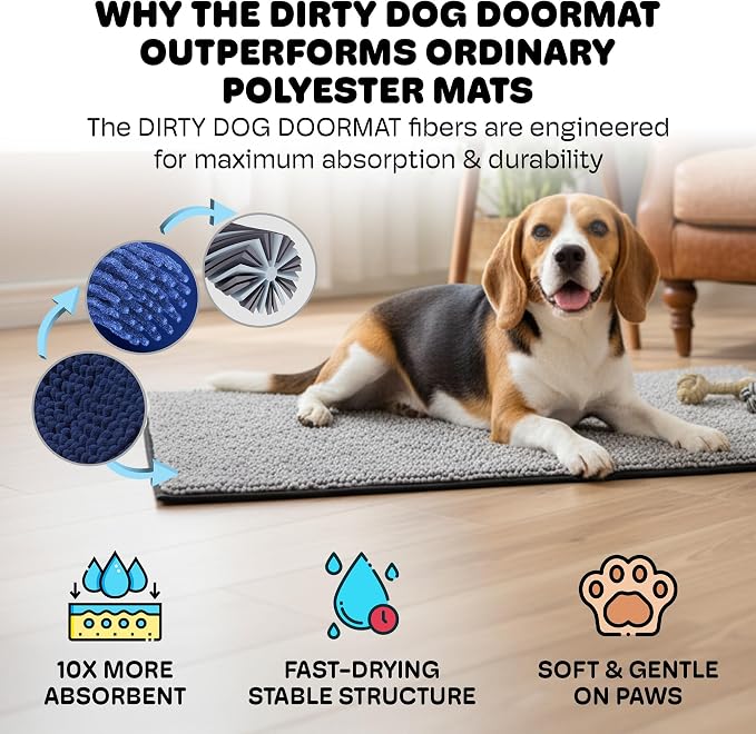 Dog Gone Smart Dirty Dog Doormat - Super Absorbent Polyamide Rug Pulls in Moisture & Dirt - Fast Drying for Clean Floors, Non-Slip, Machine Washable Mat for Muddy Paws - Grey, 23 x 16 Inches