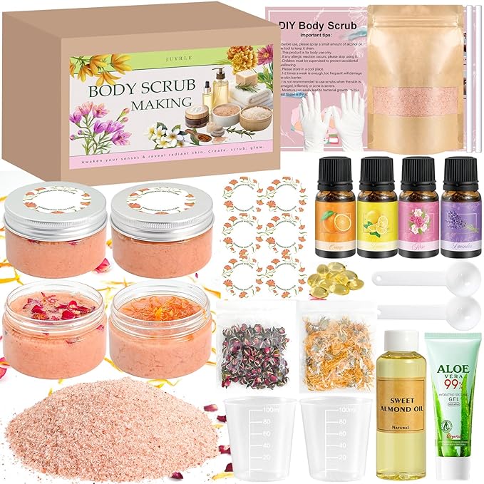 JUYRLE Body Scrub Making Kit- DIY Pink Salt Body Scrub Kit with Almond Oil, Essential Oils, Moisturizing and Exfoliating Dry Skin Hand Foot DIY Organic SPA Kit Christmas Gifts For Women & Men