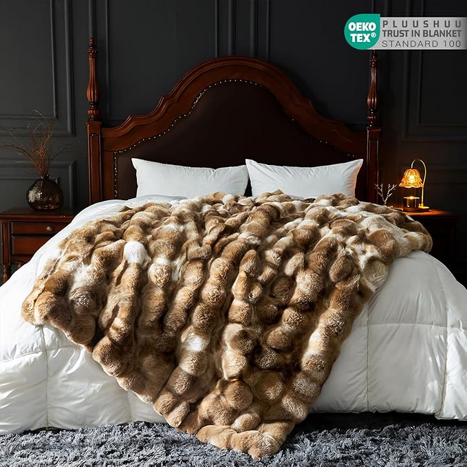 Faux Fur Throw Blanket for Couch, Fluffy Fuzzy Plush Bubble Blanket, Soft Warm Cozy Shaggy Rabbit Blanket, Luxury Decorative Gifts for Sofa Bedroom Living Room, 90x90inch (Tie-Dye-Brown)