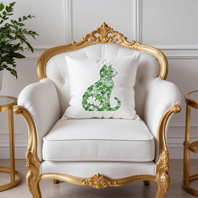 St Patrick's Day Cat Pillow Covers, 18x18, Four Leaf Clover, Lucky Shamrock, St Patrick's Day Decorations for Sofa, Bed, Living Room