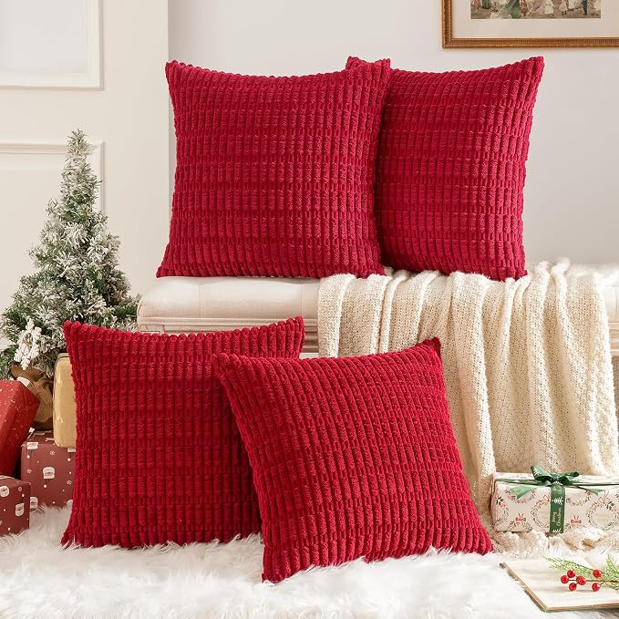 MIULEE Pack of 4 Christmas Decorative Throw Pillow Covers 20x20 Red | Neutral Rustic Farmhouse Boho Soft Striped Pillow Covers,Home Decor for Sofa,Living Room,Couch,Bed