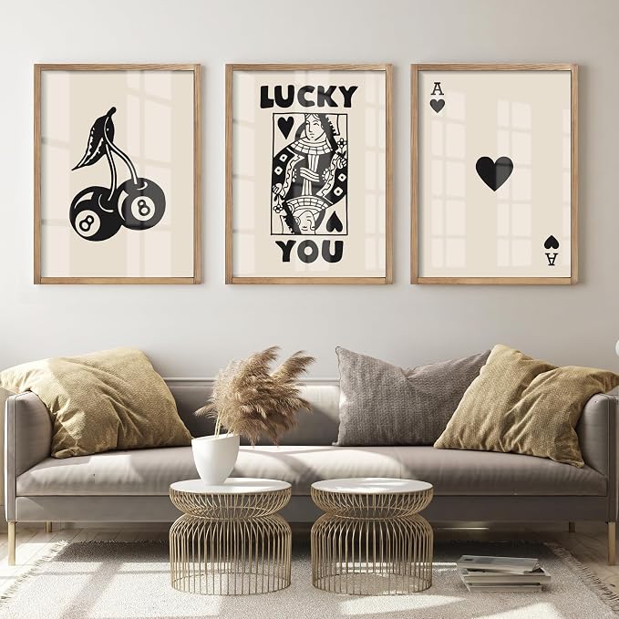 Heiple Framed Set of 3 Poker Wall Art Lucky You Poster, Trendy Retro Print Wall Decor for Queen of Hearts Wall Art Rustic Vintage Farmhouse Home Wall Decor（Brown 12"x16"）