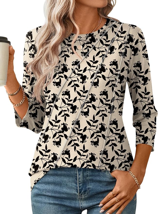 LOMON 3/4 Length Sleeve Womens Tops Spring Summer Fashion 2026 Tops Crew Neck Pleated Shirts Tunic Top Loose Fit