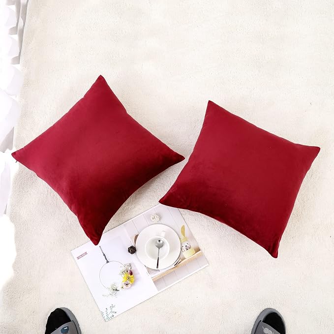 NiNi ALL Burgundy Red Velvet Throw Pillow Covers 22x22 Pack of 2 Decorative | Soft Solid Boho Cushion Squar Pillow Cases for Chair Sofa Bedroom Farmhouse Living room Modern Luxury Home Decor Christmas