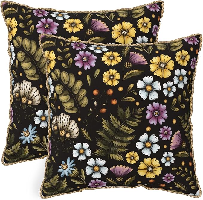 Blue Yellow Purple Floral Soft Velvet Throw Pillow Covers Set of 2 Plant Botanical Flowers Decorative Pillow Covers 18x18 In Vintage Black Pillow Case For Sofa Couch Living Room Farmhouse Home Decor