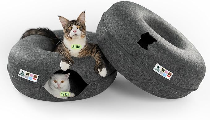 Peekaboo Cat Cave Duo Jumbo Set, Extra Spacious Cat Donut for Multiple & Large Kitty 15+ lbs, Scratch Detachable Cat Beds for Indoor Cats, Washable Cat Tunnel Bed, Best Kitten Toys