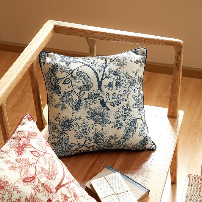 Designer Linen Square Throw Pillow Cover,Set of 2,18"x18"-Ruyi B | Vintage French Elegant Pillow Cover,Concealed Zipper Design,Blue Floral Pattern,Sofa,Bedroom,Living Room,Lounge Chairs