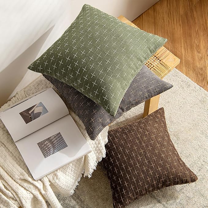 MIULEE Pack of 2 Decorative Vintage Burlap Linen Spring Throw Pillow Covers Modern Farmhouse Pillowcase Rustic Woven Textured Cushion Cover for Sofa Couch Bed 16x16 Inch Olive Green