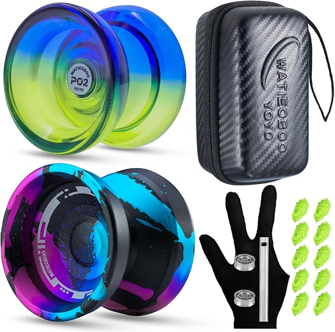 WATIEOBOOYOYO P02 Blue Green + M18 YoYo Black Blue Pink Perfect Set, Dual Mode yoyo Suitable for Yo-yo Beginners and Adult Professional Players, yoyo Tricks Performance