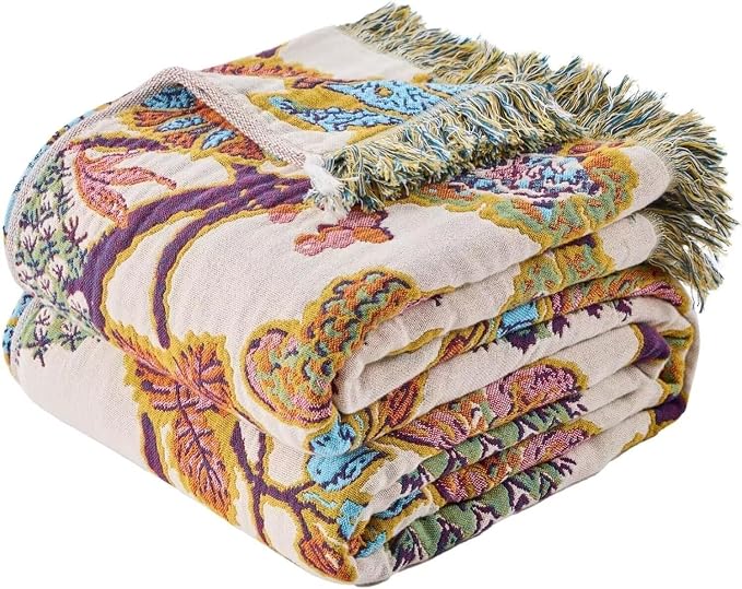 Boho Throw Blanket Farmhouse Decor Throw Blanket Bohemian Blanket for Bed 100% Cotton Muslin Woven Couch Blanket All Seasons Quilt Bedroom (E-Beige, 50"x60")