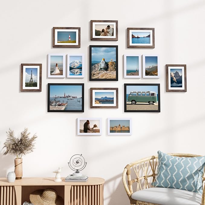 Vittanly 15 Pack Gallery Wall Frame Set, Black, Brown, White | Picture Frames Collage Wall Decor: 3pcs 8x10, 6pcs 5x7, 6pcs 4x6. Picture Frame Set for Wall or Tabletop Display