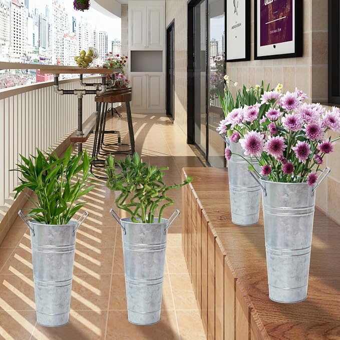Notakia Galvanized Metal Vases Farmhouse French Flower Bucket Vases for Cut Flowers for Home Decor and Wedding Table Centerpiece Decorations (Silver Set of 8)
