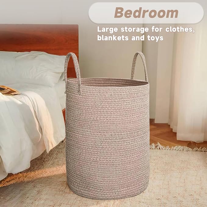 JMvicyroam 100L Cotton Rope Laundry Basket Hamper, Oatmeal | Collapsible laundry basket, reinforced handles, freestanding, machine washable, holds 3-5 thick blankets, clothes or toys