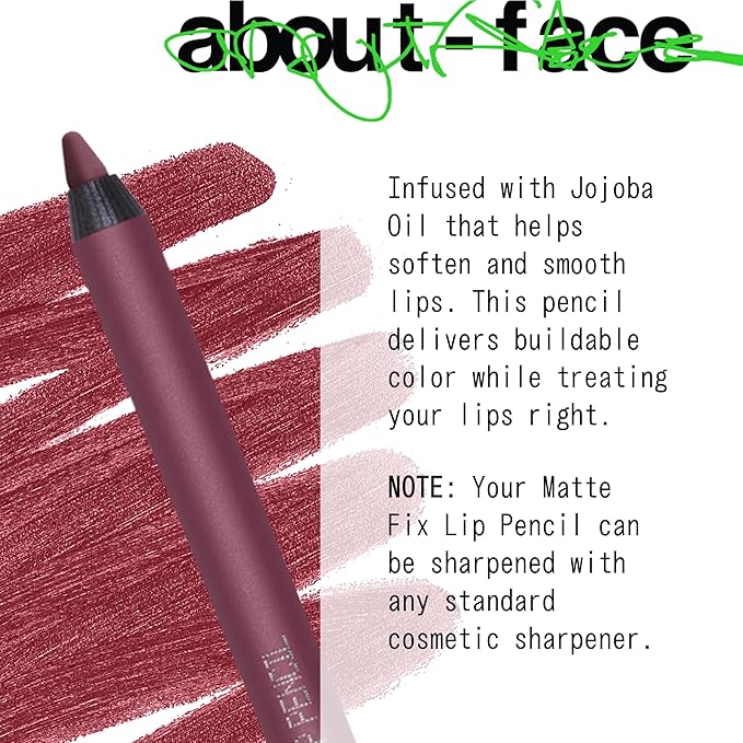 about-face Matte Fix Lip Pencil Lockdown – Long-Wear, Creamy Matte Lip Liner with Hyaluronic Acid & Vitamins C & E – Vegan, Cruelty-Free, Clean Beauty – 0.042 oz (Brick)