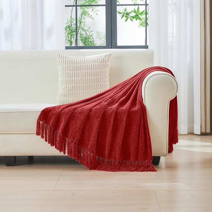 CozeCube Chenille Throw Blanket, Christmas Red Fringe Blanket, 50"X60" | For Couch, Cozy Plush Fuzzy Decorative Blanket with Fringe Tassels, Lightweight Throws for Bed Sofa Gift Home Decor