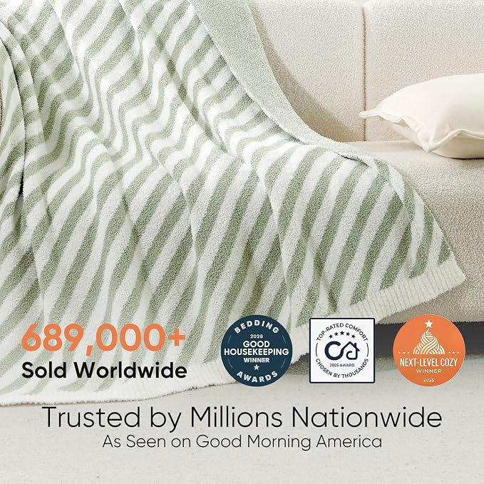 Snuggle Sac Ultra Soft Throw Blanket, Sage Green, 50"x60" | Reversible, Cozy Knitted, Fuzzy Knit Striped, For Couch, Sofa, Bed