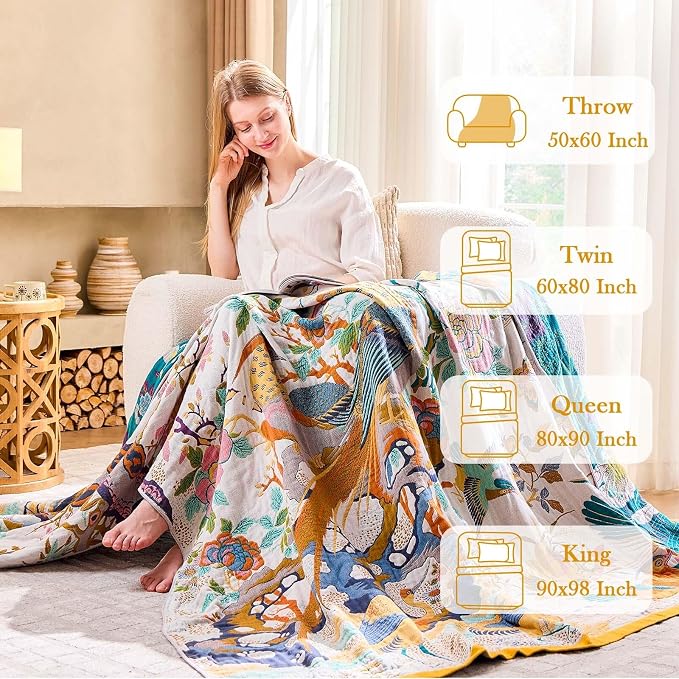 XIBLC Fall Throw Blanket for Couch, Yellow Boho Decorative Throw Blanket, 100% Cotton Muslin Breathable Woven Farmhouse Blankets Quilt, 90"x98" Reversible Lightweight Blankets Bohemian Throw Quilt