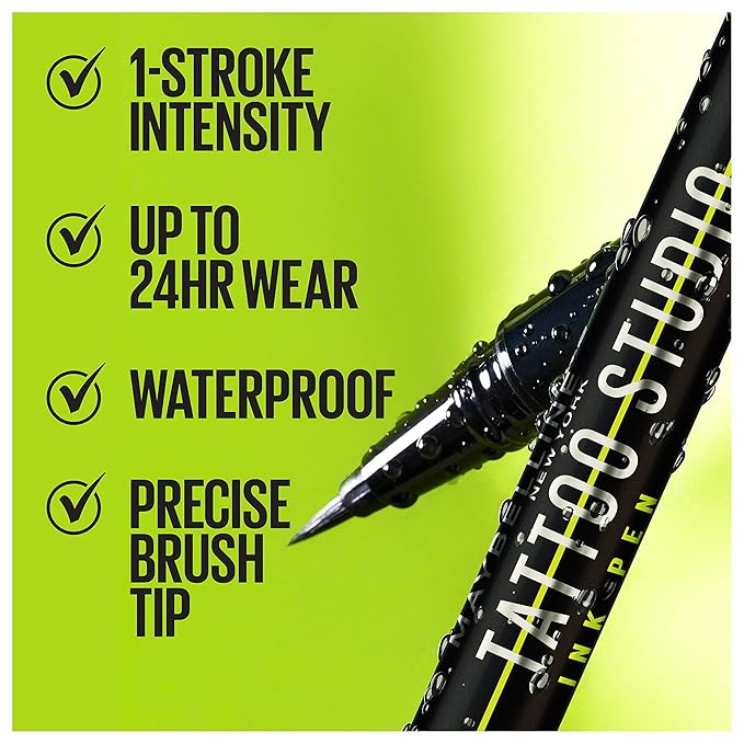 Maybelline Tattoo Studio Ink Pen Liquid Eyeliner, Up to 24 Hours of Wear, Waterproof & Smudge-Resistant Make Up, Matte Black, 1 Count