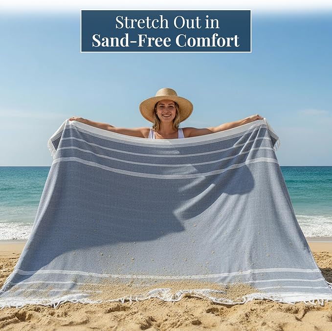 LANE LINEN Camping Blanket - Large Beach Towel, Beach Accessories with Oversized Comfort (82"x82"), Sandproof, Perfect for Seaside Adventures, Park Gatherings, or Family Beach Days – Navy Blazer
