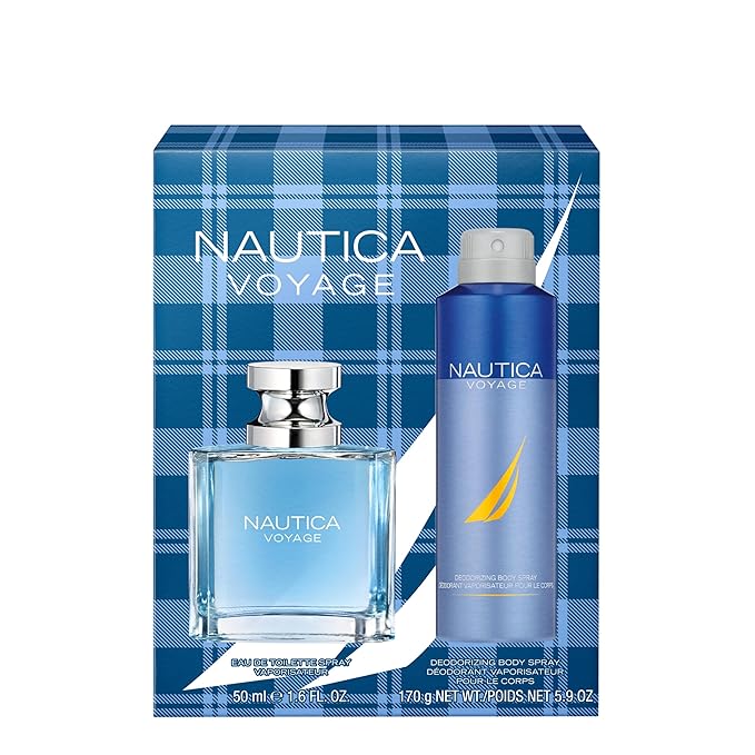 Nautica Voyage Giftset, 1.6 fl oz EDT + 6 oz Deodorizing Body Spray, Notes of Apple, Cedarwood, Mimosa, Men's Fragrance, Long Lasting, Everyday Fragrance