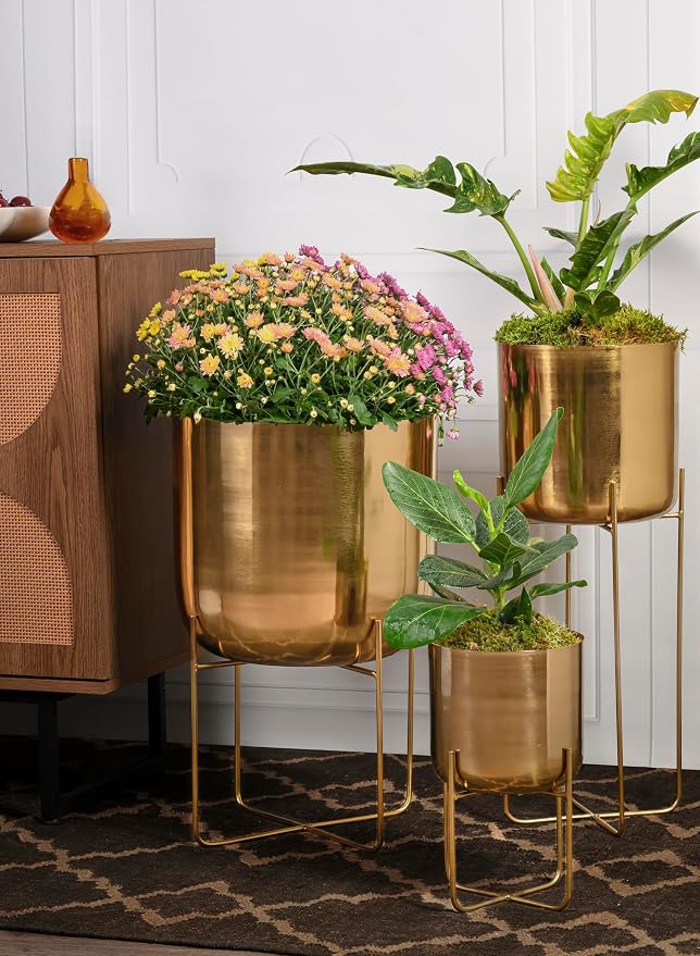 Serene Spaces Living Modern Mid‑Century Metal Indoor Planter with Stand, Gold Planter Pot, Indoor Plants – Decorative Planter Holder for Living Room, Kitchen & Office, 14" Diameter & 24" Tall