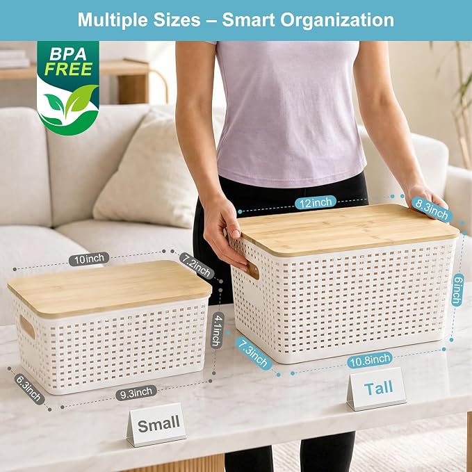 Small Plastic Storage Bins with Bamboo Lids 5.2qt Stackable Box Basket Pantry Decorative Containers Cute with Labels for Organizing Desktop Closet Office Cream White of 6 packs 10*7.2*4.1"