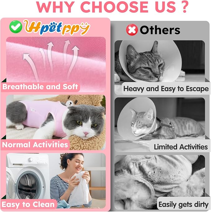 Hpetppy Cat Recovery Suit After Surgery, Breathable Cat Surgery Recovery Suit for Spay Abdominal Wounds or Skin Diseases, E-Collar Alternative Wear for Small Male Female Pets (Pink,L)