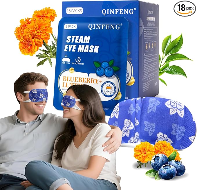 18 Packs Steam Eye Mask Self Heating Heated Eye Mask for Sleep, Warm Compress for Eyes，Stye Eye Treatment, Spa, Christmas Stocking Stuffers，Travel Essentials Blueberry Extract Unscented