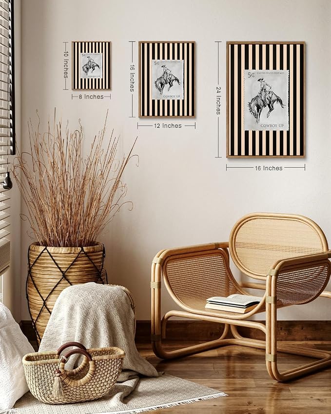 ZZLWBKGL Western Wall Decor Cowboy Canvas Art Vintage Framed Wall Art | Farmhouse Striped Artwork Retro Country West Stamp Picture Bucking Bronco Paintings for Living Room Bedroom 12x16in