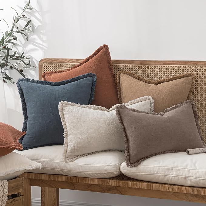 MIULEE Linen Fringe Decorative Fall Euro Pillow Covers Malt Ball 24x24 | Set of 2, Cottagecore Decor, Boho Farmhouse Neutral Throw Pillow Covers, Rustic Fall Couch Cushions for Sofa Bed Living Room