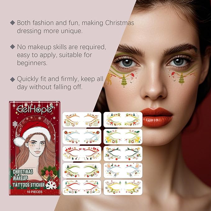 Christmas Face Stickers - Easy Apply Water Transfer Temporary Tattoos for Cheek & Face - Festive Holiday Designs for All Skin Types, No Tools Needed - Party Makeup for Kids & Adults (10 Sheets)