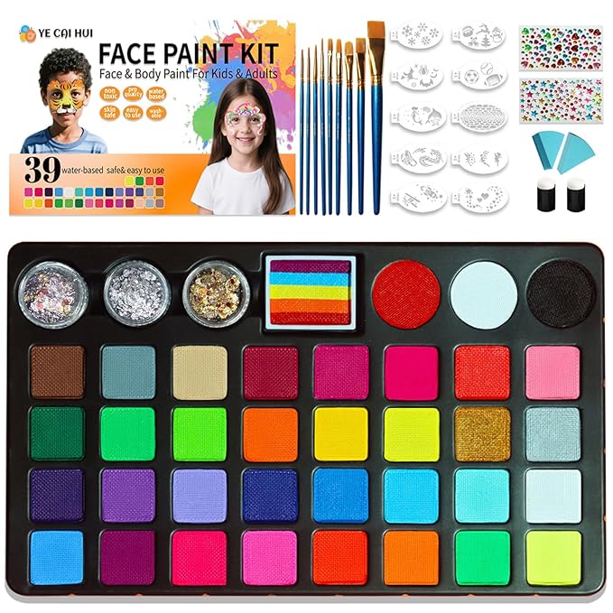 Face Painting Kit for Kids,39 Color Non Toxic Water Based Large Capacity Facepaint Kit,Face Paint Including 8 Fluorescent Color For Halloween,Cosplay,Parties,School Event,Stage,Carnival