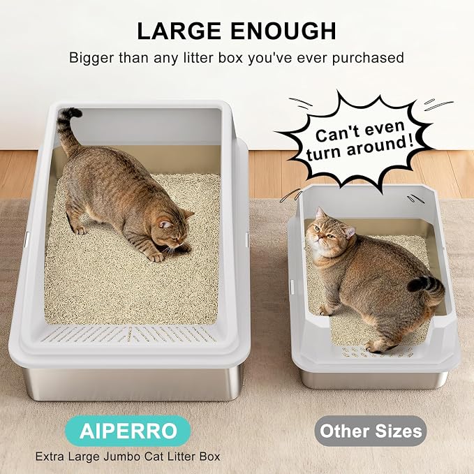AIPERRO Stainless Steel Litter Box Extra Large for Big Cats and Multi-Cats | Jumbo Extra Large High Sided Metal Cat Box with Lid | Anti-Urine Leakage,Non-Stick & Easy to Clean | Include Litter Cat Scoop