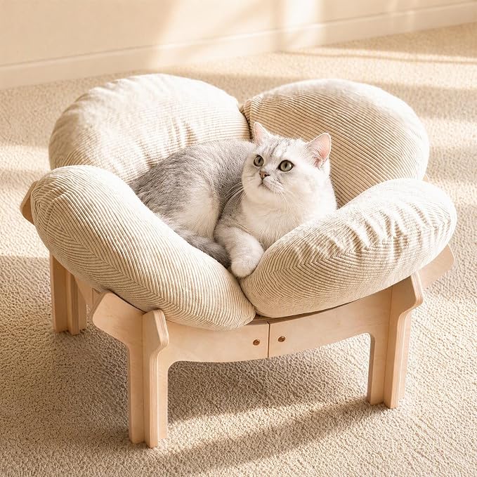 Elevated Flower Cat Bed Wooden Removable Cushion for Indoor Cats Small Dogs | Pet Couch Sofa with Fluffy Cushion, Raised Kitty Lounge Chair Suitable for Puppy, Modern Cat Furniture (White)