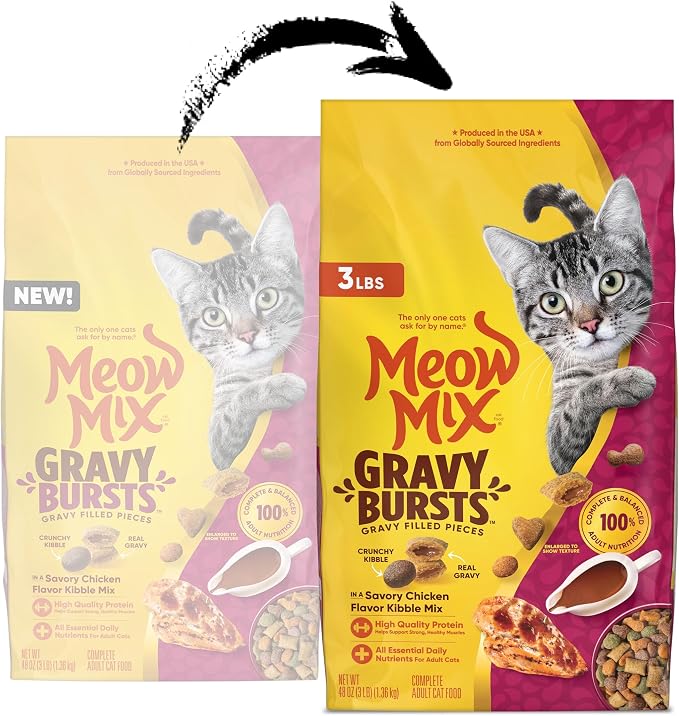 Meow Mix Gravy Bursts Dry Cat Food, 3 lb Bag | Crunchy cat kibble, gravy filled pieces, 100% complete & balanced nutrition