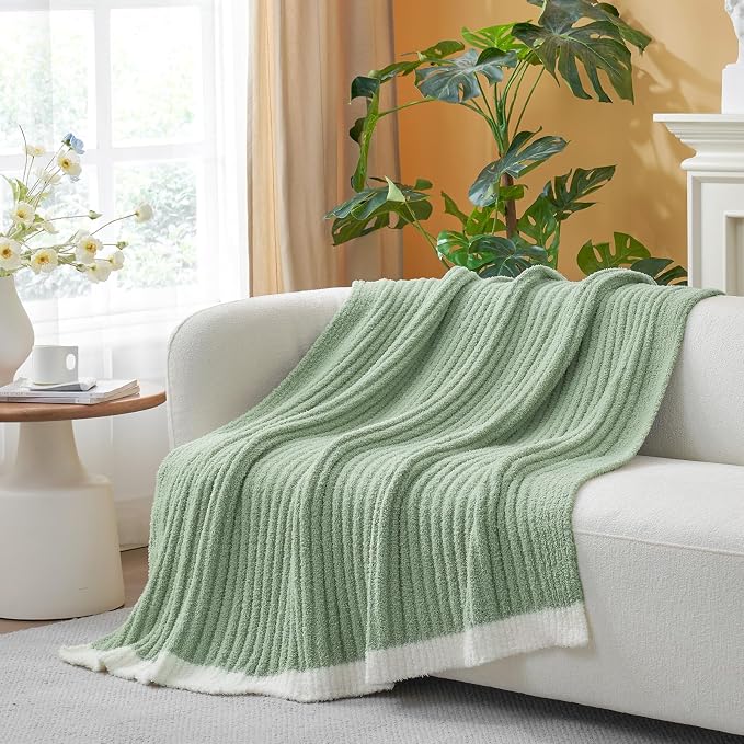 Snuggle Sac Fluffy Ribbed Sage Green Blanket Twin Size, Soft Luxurious Knit Fuzzy Microfiber Blankets for Sofa, Bed, Sage Green, 60x80 inches