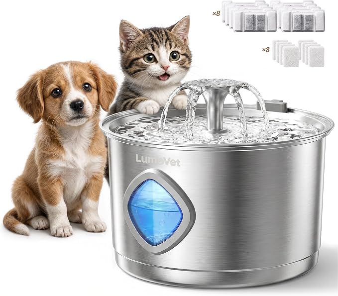 Cat Water Fountain Stainless Steel, 2.8L Quiet Dog Water Fountain | Automatic Quiet Pet Drinking Fountain, Water Level Window, 8 Filters & 8 Sponges - Gift for Small Animals like Dog & Kitty