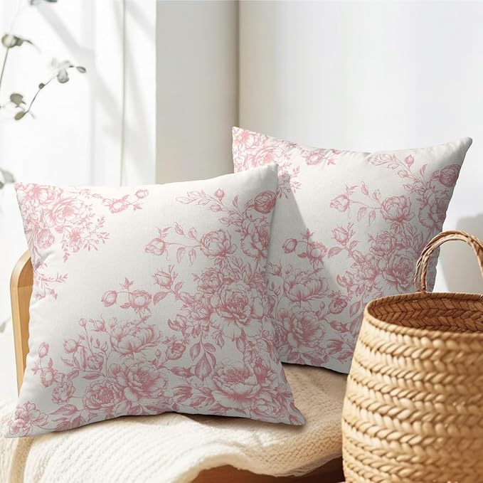 Kawani Vintage Flowers Throw Pillow Covers 22x22 in, Pack of 2 Light Pink White Chinoiserie Floral Cotton Linen Pillowcases Farmhouse Cushion Cover for Couch Sofa Outdoor Indoor Decor