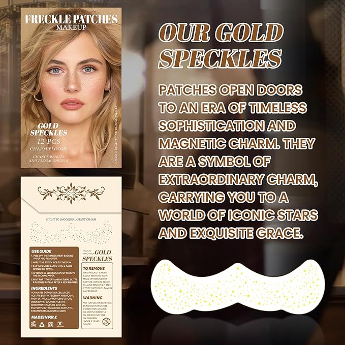 GOLD Glitter Freckles Makeup Patches, 12PCS Speckles Face Tattoos Sticker Set, Temporary Face Sparkle Sticker Makeup Accessories for Women Girl, Lasting & Waterproof