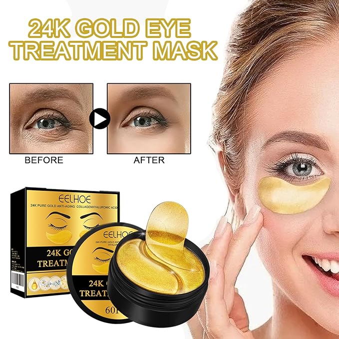 24K Gold Anti-Aging Eye Treatment Mask-Collagen Hyaluronic Acid Formula, Under Eye Patches for Dark Circles, Wrinkles, Puffiness