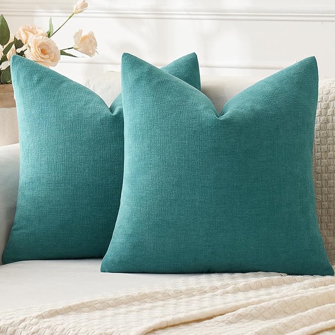 MIULEE Teal Chenille Couch Throw Pillow Covers, 16x16 | Set of 2, Soft Coastal Home Decor, Modern Farmhouse Decorative Pillowcases for Sofa Living Room Bed