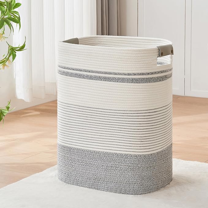 Laundry Hamper, 85L Cotton Rope Laundry Basket, Grey & White | Foldable nursery hamper with leather handles; store blankets, toys, baby clothes and laundry in bedroom or living room