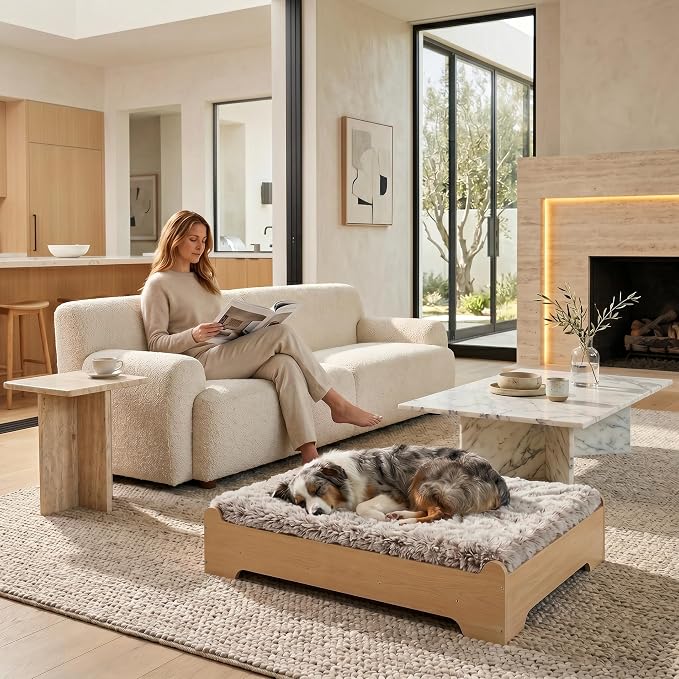 Elevated Wood Dog Bed Frame with Foam Mattress, WoodPattern, M | Raised Dog Bed with Washable Cover, Furniture-Style Design for Indoor Living