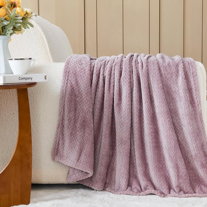 NEWCOSPLAY Fleece Leaves Pattern Throw Blanket, Light Purple, 50"x60" | Super Soft Throw Blanket, Lightweight Cozy Bed Sofa Blanket, Premium Silky Flannel Fleece, Travel Blanket for All Season Use