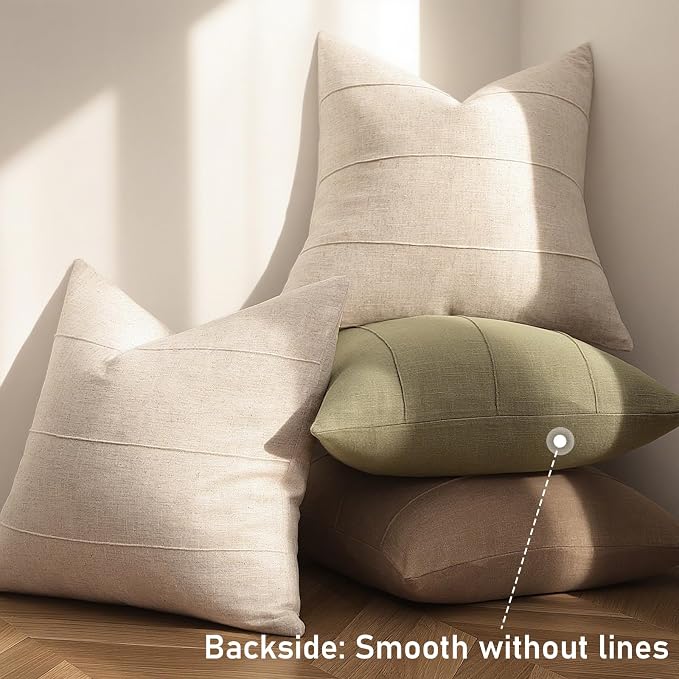 12x20 Pillow Covers Set of 2 Decorative Linen Solid Handcrafted Striped Throw Pillows for Bed Soft Modern Farmhouse Neutral Pillowcase for Couch Bedroom Living Room Home Decor(Natural Beige)