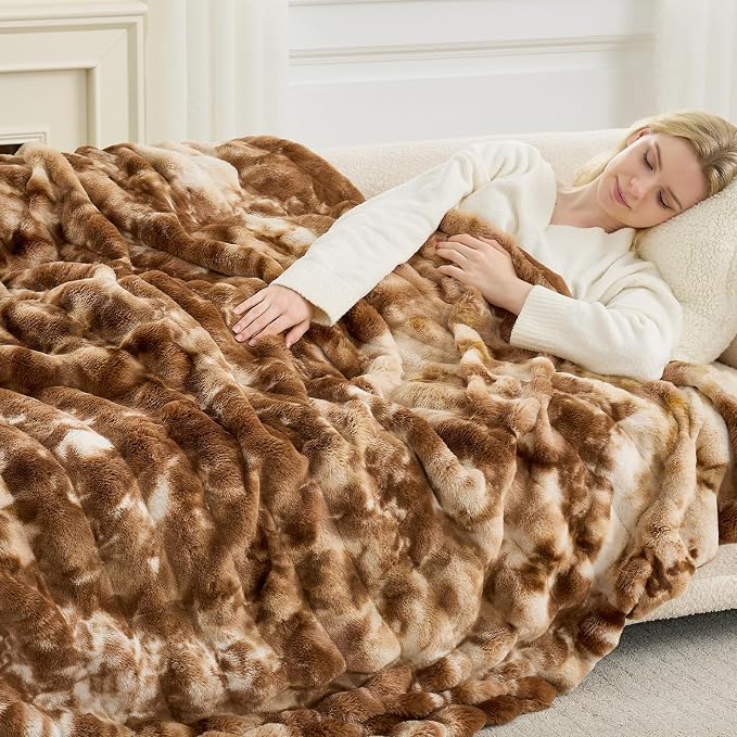 Cozy Bliss Deluxe Striped Rabbit Faux Fur Throw Blanket, Soft Fluffy Warm Plush Blanket for Winter, Modern Homr Decor, Tie-dye Brown 60"x80"