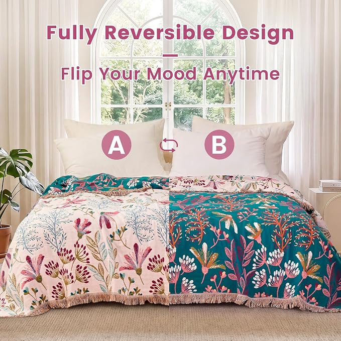 MSGKV Boho Throw Blanket 60"x80" 100% Cotton Floral Blanket for Couch Bed | 100% Cotton Muslin, Floral Throw Blanket, Reversible Weave, Lightweight Comfort, Cozy Home Decor, Machine Washable