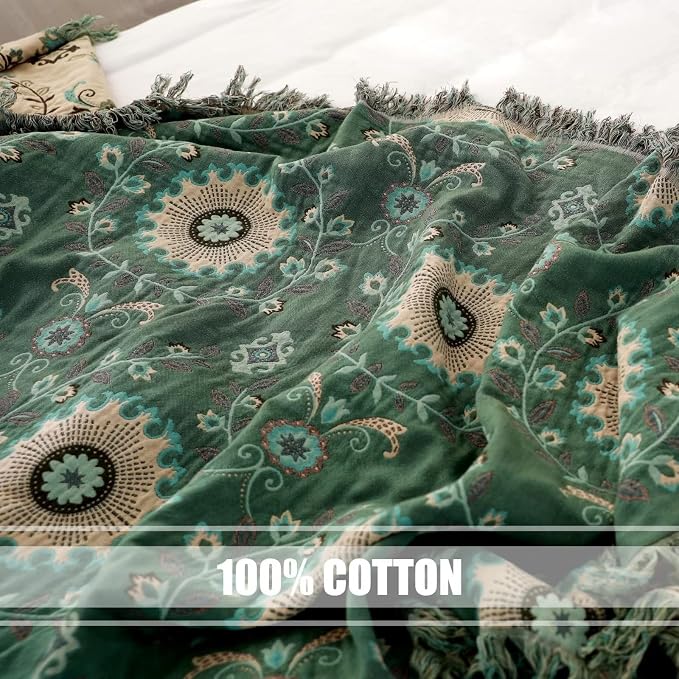 LUTBM Boho Throw Blanket for Bed 60"x80", 100% Cotton Soft Couch Blankets | Reversible Floral Jacquard, All-Season Twin Quilt, For Chair Sofa Living Room, Lightweight & Breathable Gauze, Home Decor